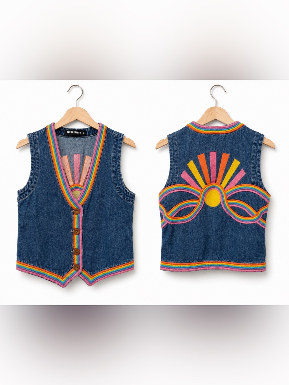 RARE Dangerfield Blue Denim Vest with Rainbow Trim